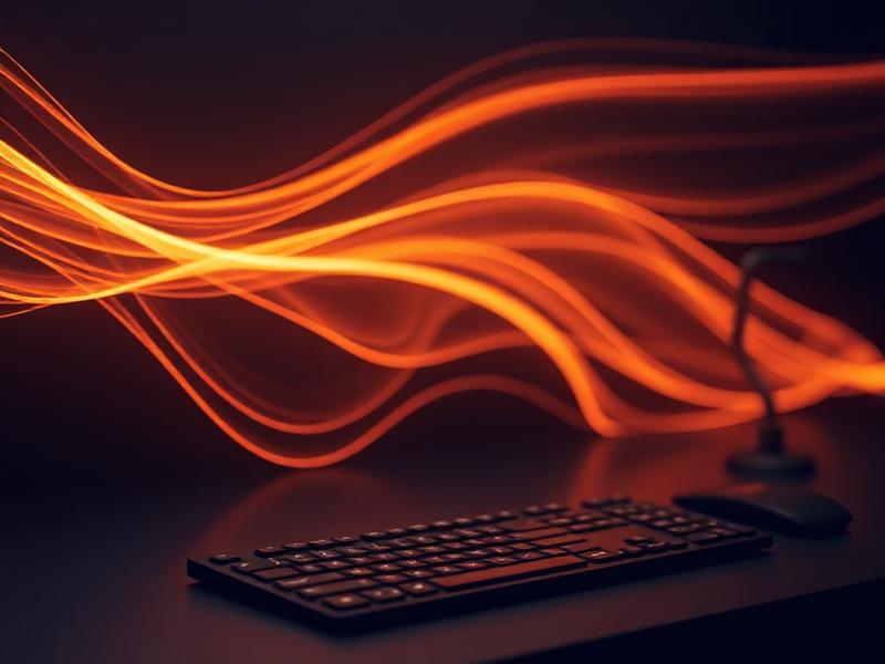 Abstracte visualisatie van AI en procesautomatisering met stromende lichtlijnen boven een toetsenbord.