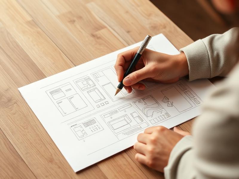 Ontwerper schetst een op maat gemaakt interface-ontwerp op papier op een houten bureau.